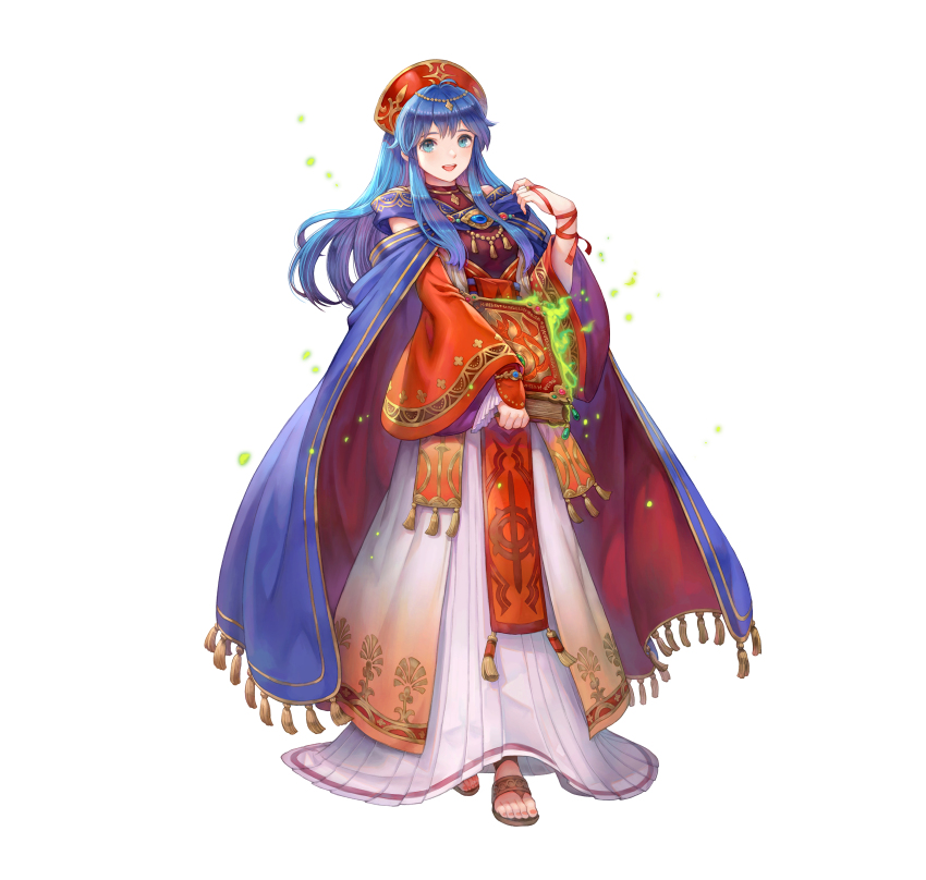 1girl absurdres blue_eyes blue_hair book cape detached_sleeves dress fire_emblem fire_emblem:_the_binding_blade fire_emblem_heroes full_body glowing glowing_book gold_trim gradient_clothes haccan hat high_heel_sandals highres holding holding_book lilina_(brilliant_flame)_(fire_emblem) lilina_(fire_emblem) long_hair long_skirt long_sleeves looking_at_viewer nintendo official_alternate_costume official_art open_mouth sandals simple_background skirt smile solo toes white_background wide_sleeves