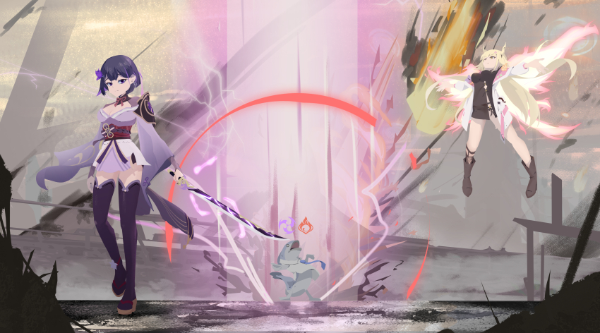 1other 2girls absurdres amrzs_(vtuber) ankle_boots asymmetrical_legwear battle black_dress blonde_hair blue_necktie blunt_ends boots breasts chinese_commentary cleavage closed_mouth coat commentary_request commission cosplay dress earrings electricity electro_symbol_(genshin_impact) explosion fiery_wings fire fish floating flower full_body gameplay_mechanics genshin_impact hair_flower hair_ornament highres holding holding_sword holding_weapon japanese_clothes jewelry kimono large_breasts lerni lightning long_hair looking_at_another monstar_(company) multicolored_coat multiple_girls musou_isshin_(genshin_impact) necktie no_lineart open_hands outdoors outstretched_arms pencil_dress pink_coat purple_eyes purple_hair purple_kimono purple_shorts purple_thighhighs pyro_symbol_(genshin_impact) pyrokinesis raiden_shogun raiden_shogun_(cosplay) sash shirt short_dress short_hair shorts springfish_studio square_live sword thighhighs two-tone_coat uneven_legwear very_long_hair virtual_youtuber walking weapon white_coat white_shirt wings xiangyu_(springfish) yellow_eyes