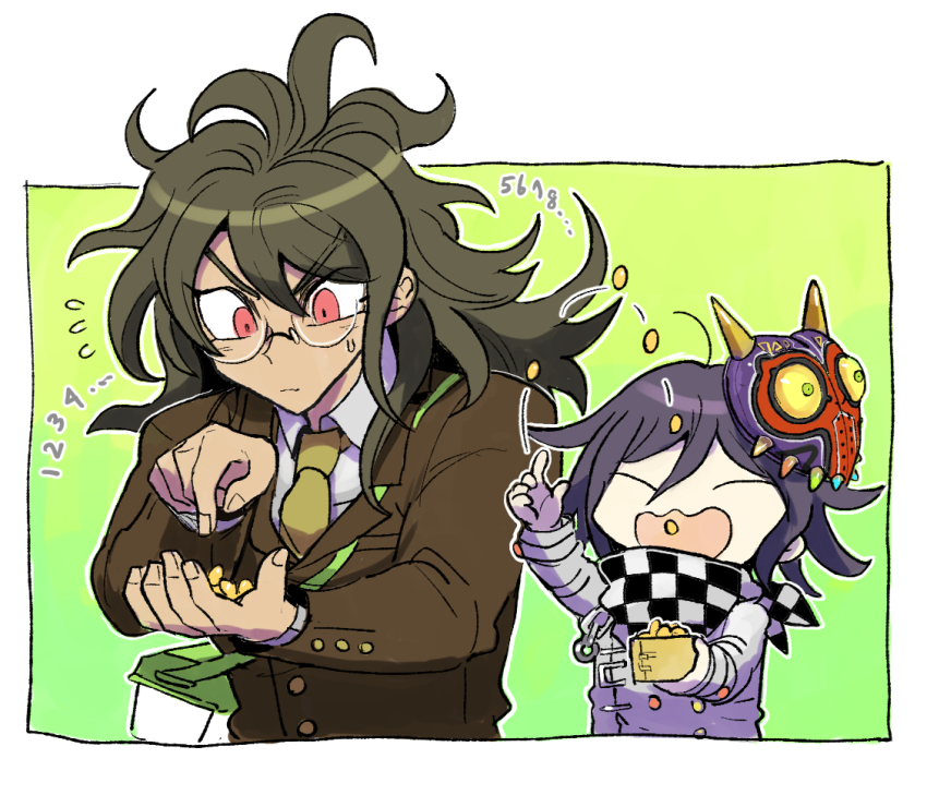 2boys beans brown_jacket bug_cage checkered_clothes checkered_scarf counting crossover danganronpa_(series) danganronpa_v3:_killing_harmony eating gokuhara_gonta jacket kumakoro_(tetsupag) majora_(entity) male_focus mask mask_on_head messy_hair multiple_boys necktie nintendo oma_kokichi red_eyes round_eyewear scarf shirt the_legend_of_zelda the_legend_of_zelda:_majora&#039;s_mask white_shirt yellow_necktie