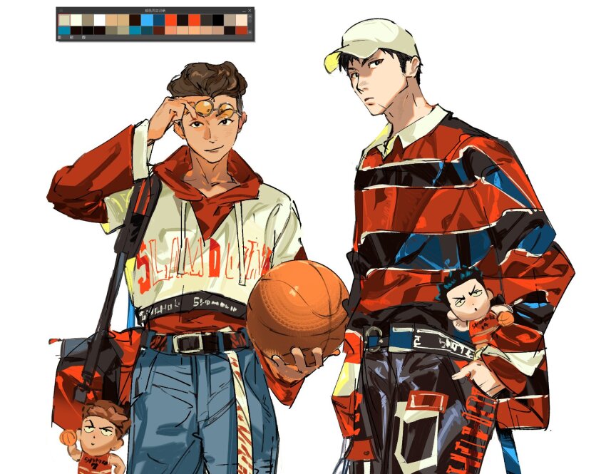 2boys adjusting_eyewear atie1225 bag ball baseball_cap basketball_(object) belt belt_buckle black_belt black_hair black_pants blue_pants brown_eyes brown_hair buckle carrying character_doll closed_mouth collared_shirt color_guide commentary copyright_name cowboy_shot crop_top dark-skinned_male dark_skin denim doll drawsting duffel_bag hand_in_pocket hat highres holding holding_ball hood hoodie horizontal-striped_clothes jeans layered_clothes long_sleeves male_focus mitsui_hisashi miyagi_ryouta multiple_boys o-ring o-ring_belt pants shirt short_hair shoulder_bag simple_background slam_dunk_(series) sleeves_past_wrists smile striped_clothes striped_shirt symbol-only_commentary tinted_eyewear toy white_background white_hat yellow-tinted_eyewear