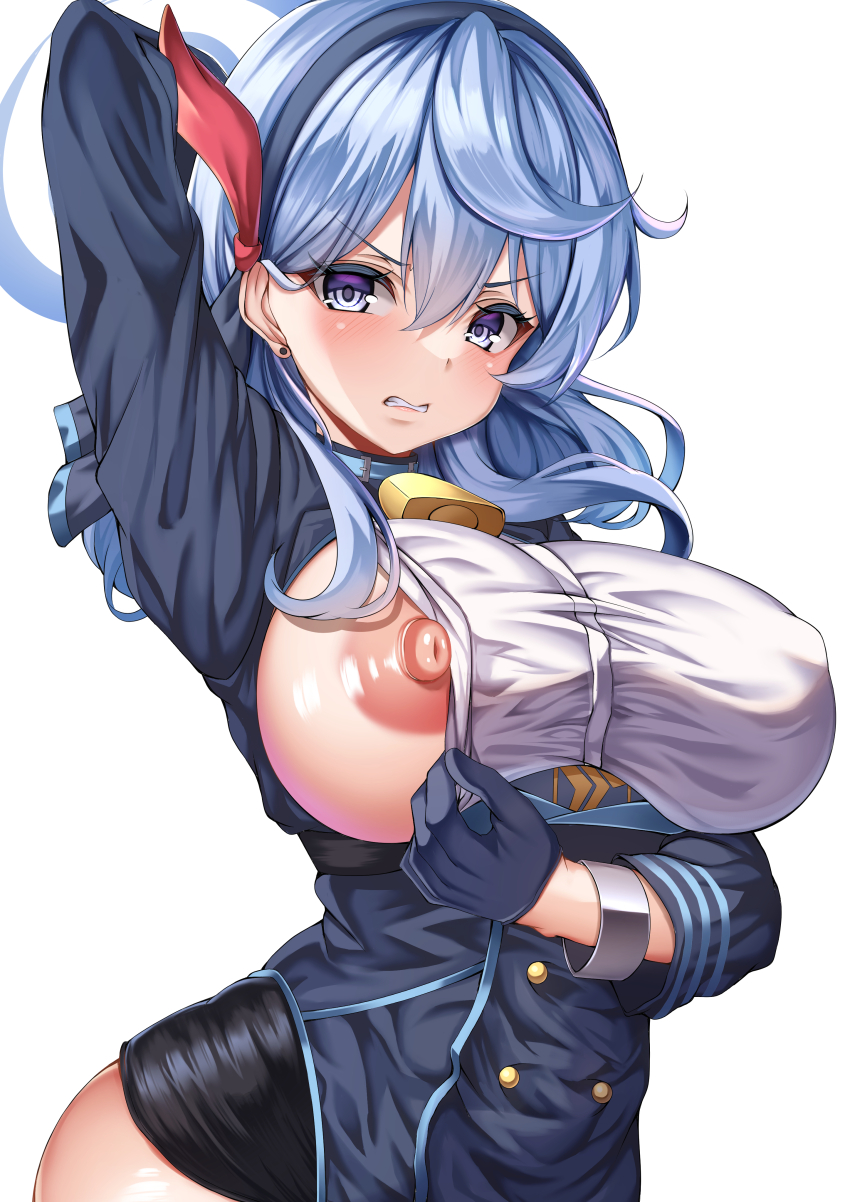 1girl absurdres ako_(blue_archive) arm_behind_head blue_archive blue_eyes blue_gloves blue_hair blue_hairband blue_halo breasts clenched_teeth commentary_request covered_erect_nipples gloves hairband halo highres large_breasts long_hair looking_at_viewer nipple_slip nipples parapetto pulling_own_clothes simple_background solo teeth white_background