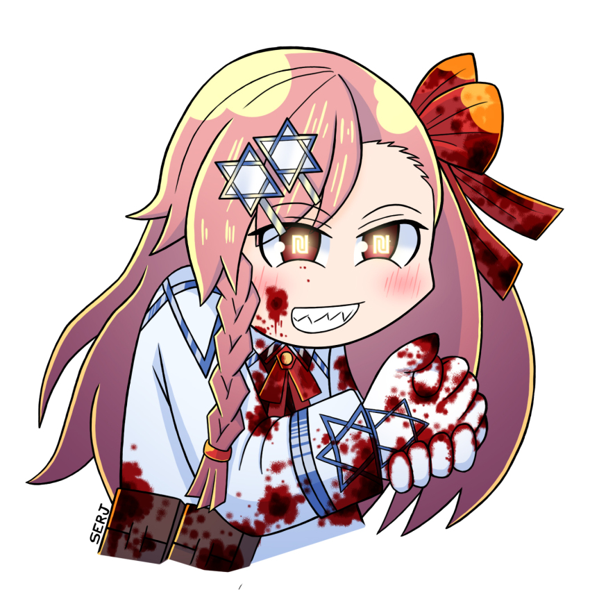 1girl antisemitism artist_name blood blood_on_clothes blood_on_face blood_on_gloves blush bow braid commentary english_commentary girls&#039;_frontline gloves grin hair_bow hair_ornament hexagram highres israel le_happy_merchant_(meme) long_hair meme money-shaped_pupils negev_(girls&#039;_frontline) no_nose one_side_up open_mouth palms_together pink_hair racism red_bow red_eyes rubbing rubbing_hands_together serjatronic sharp_teeth simple_background single_braid smile solo star_of_david symbol-shaped_pupils teeth upper_body white_background white_gloves