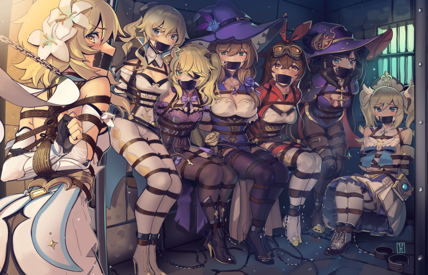 6+girls absurdres amber_(genshin_impact) barbara_(genshin_impact) bdsm bench blonde_hair blue_eyes blush bondage boots bound breasts chain chain_leash chain commission dress eyepatch fischl_(genshin_impact) flower full_body gag genshin_impact goggles goggles_on_head green_eyes hair_flower hair_ornament hair_ribbon hat high_heel_boots high_heels highres huge_filesize improvised_gag jean_(genshin_impact) kaddo leash lisa_(genshin_impact) looking_at_viewer lumine_(genshin_impact) mona_(genshin_impact) multiple_girls pants pantyhose ponytail prison restrained ribbon second-party_source signature sitting tape tape_gag thigh_boots thighhighs twintails white_legwear white_pants witch_hat yellow_eyes