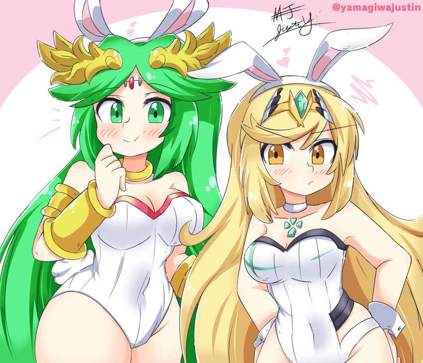 2girls absurdres animal_ears blonde_hair breasts chest_jewel crossover fake_animal_ears green_eyes green_hair highres kid_icarus large_breasts leotard long_hair multiple_girls mythra_(radiant_beach)_(xenoblade) mythra_(xenoblade) nintendo palutena playboy_bunny rabbit_ears strapless strapless_leotard super_smash_bros. swept_bangs undefined very_long_hair xenoblade_chronicles_(series) xenoblade_chronicles_2 yamagiwajustin yellow_eyes