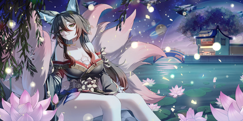 1girl animal_ear_fluff animal_ears architecture black_dress breasts bridge brown_hair chinese_clothes commentary_request dress east_asian_architecture flower fox_ears fox_girl fox_tail fugue_(honkai:_star_rail) green_eyes highres honkai:_star_rail honkai_(series) large_breasts leegh19769 long_hair multiple_tails pink_flower planet planetary_ring sitting solo tail thighs tingyun_(honkai:_star_rail) very_long_hair water