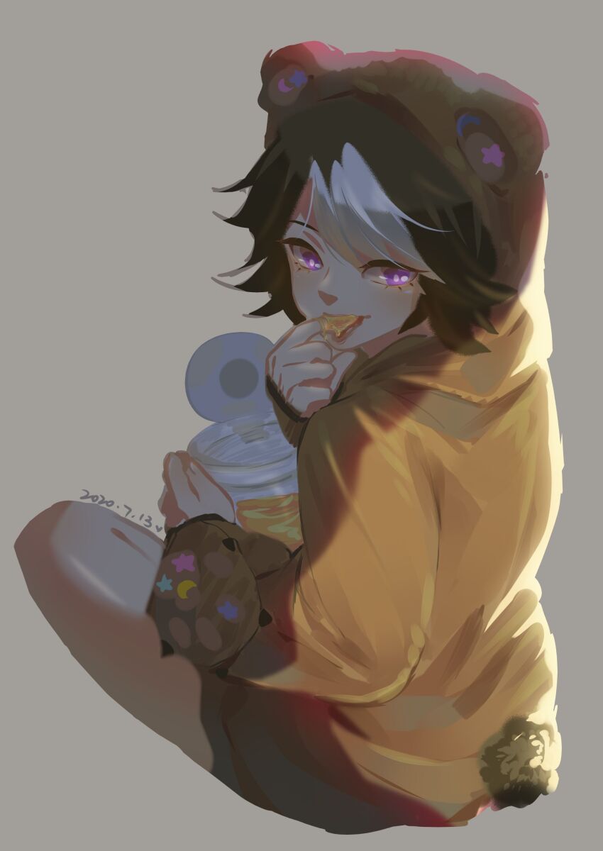 1girl absurdres animal_costume animal_ears arknights bear_ears beehunter_(arknights) beehunter_(honey_pilferer)_(arknights) brown_hair food hair_over_one_eye highres honey hood long_sleeves looking_at_viewer moozsilent multicolored_hair official_alternate_costume open_mouth purple_eyes short_hair solo streaked_hair two-tone_hair white_hair