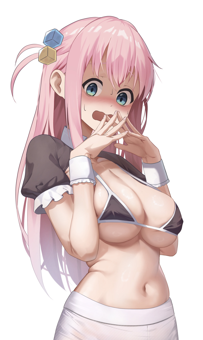 1girl absurdres bikini black_bikini black_shrug blush bocchi_the_rock! breasts cleavage collarbone collared_shrug commentary cowboy_shot cube_hair_ornament embarrassed frilled_shrug gotoh_hitori hair_ornament hands_up highres large_breasts long_hair long_sidelocks looking_at_viewer monmo_mu navel nose_blush open_mouth pink_hair raised_inner_eyebrows shaded_face short_sleeves shrug_(clothing) sidelocks simple_background skindentation skirt solo standing steepled_fingers stomach straight_hair swimsuit wavy_mouth white_background white_skirt white_wrist_cuffs wispy_bangs wrist_cuffs