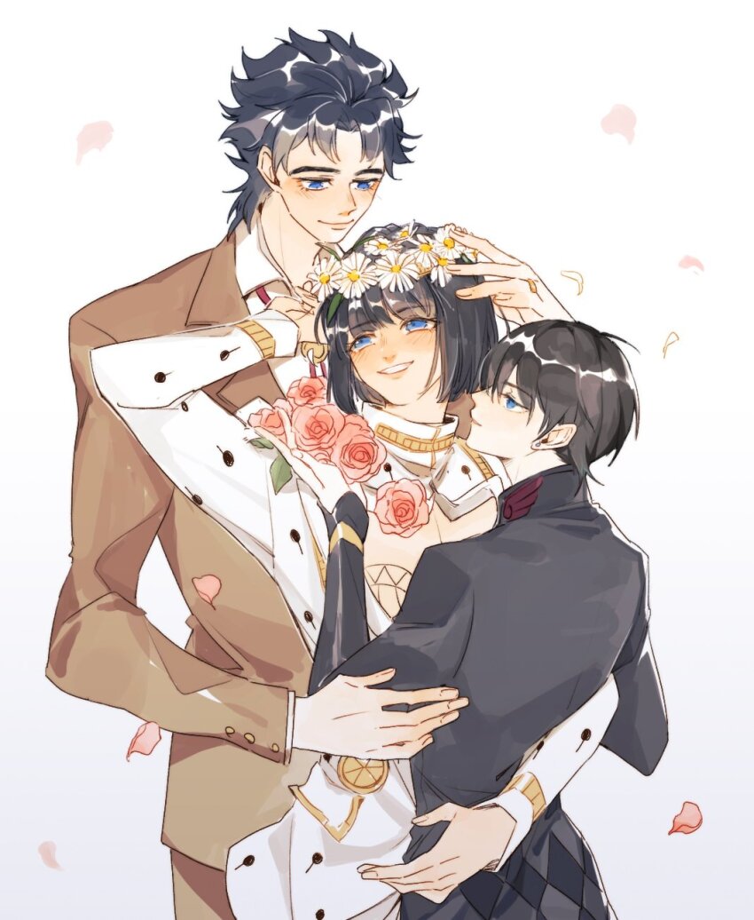 3boys arm_around_waist black_hair blue_eyes blush bob_cut braid bruno_bucciarati buttons daisy_(flower) earrings flower formal_clothes giorno_giovanna hair_ornament haruno_shiobana head_wreath highres hug jewelry jojo_no_kimyou_na_bouken jonathan_joestar long_sleeves looking_at_another luminous_slime multiple_boys petals profile rose rose_petals smile suit zipper zipper_pull_tab