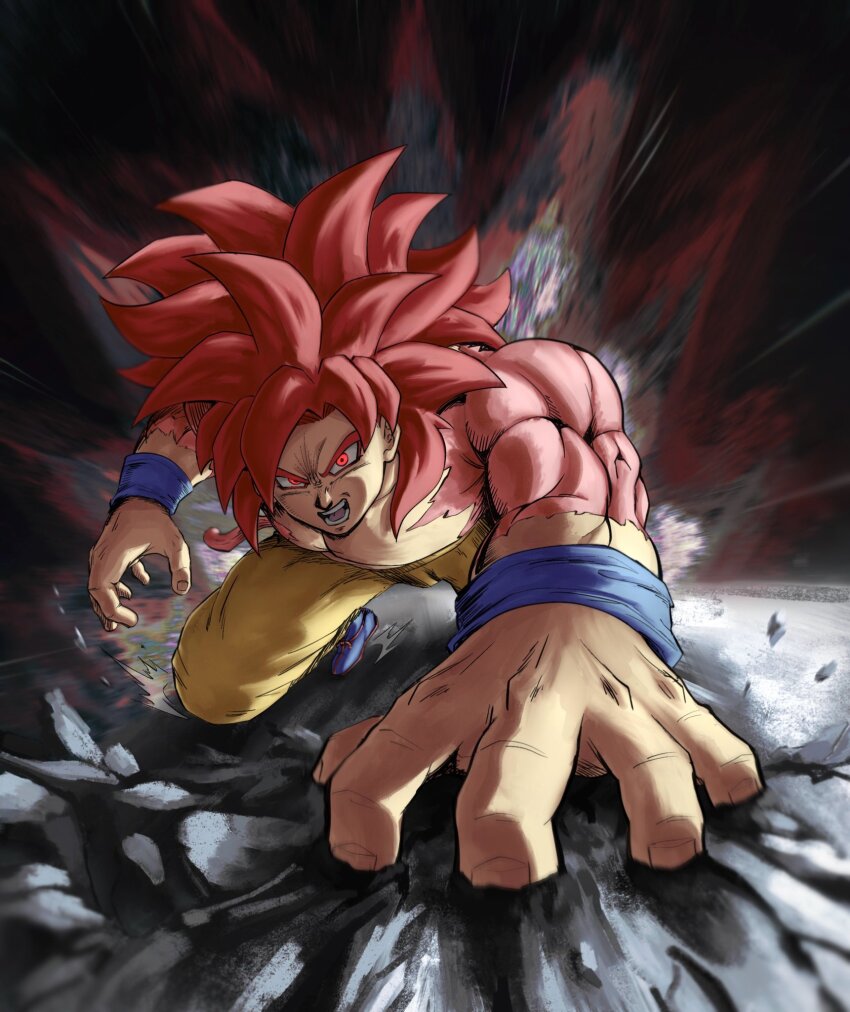 1boy blue_boots body_fur boots dragon_ball dragon_ball_daima full_body glowing glowing_eyes highres long_hair male_focus muscular muscular_male open_mouth orange_pants pants red_eyes red_fur red_hair solo son_goku spiked_hair super_saiyan super_saiyan_4 sydoria topless_male
