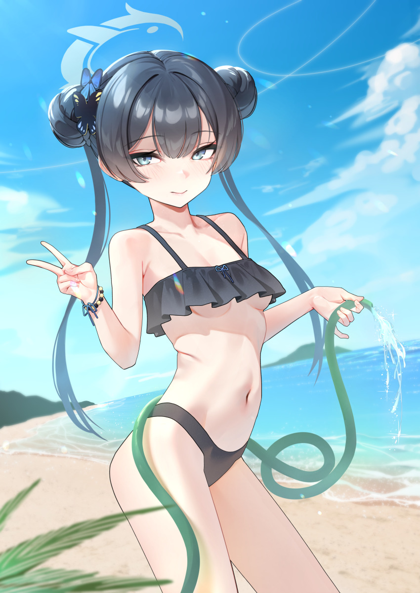 1girl absurdres alternate_costume bare_arms bare_shoulders beach bikini black_bikini black_hair blue_archive blue_eyes blue_sky blush breasts cloud coke0502 cowboy_shot day double_bun frilled_bikini frills groin hair_between_eyes hair_bun hair_ornament halterneck highres holding holding_hose horizon hose kisaki_(blue_archive) long_hair looking_at_viewer navel ocean outdoors ribbon sidelocks sky small_breasts smile solo standing stomach swimsuit twintails v very_long_hair water