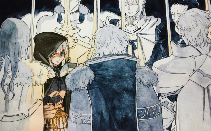 1girl 6+boys absurdres agravain_(fate) armor bedivere_(fate) black_hood blue_eyes cape cheeeeese0619 closed_eyes commentary_request fate/grand_order fate_(series) fur-trimmed_cape fur_trim gawain_(fate) gray_(fate) grey_hair highres holding holding_lantern holding_sword holding_weapon knights_of_the_round_table_(fate) lancelot_(fate/grand_order) lantern long_hair lord_el-melloi_ii_case_files multiple_boys partially_colored percival_(fate) sword tristan_(fate) weapon