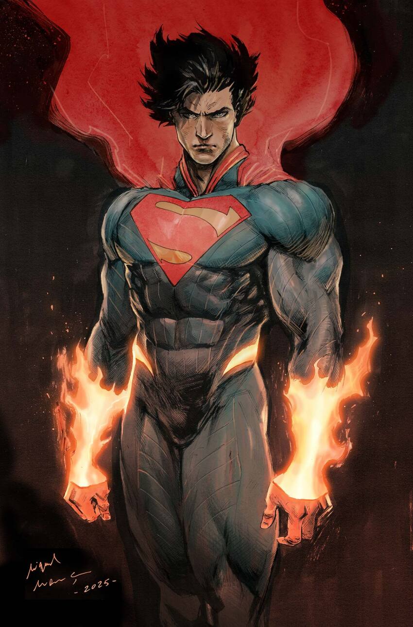 1boy absolute_dc absolute_superman black_hair blue_bodysuit bodysuit cape clark_kent dc_comics fire highres miguel_mendonca muscular muscular_male red_cape superman superman_(series) superman_logo