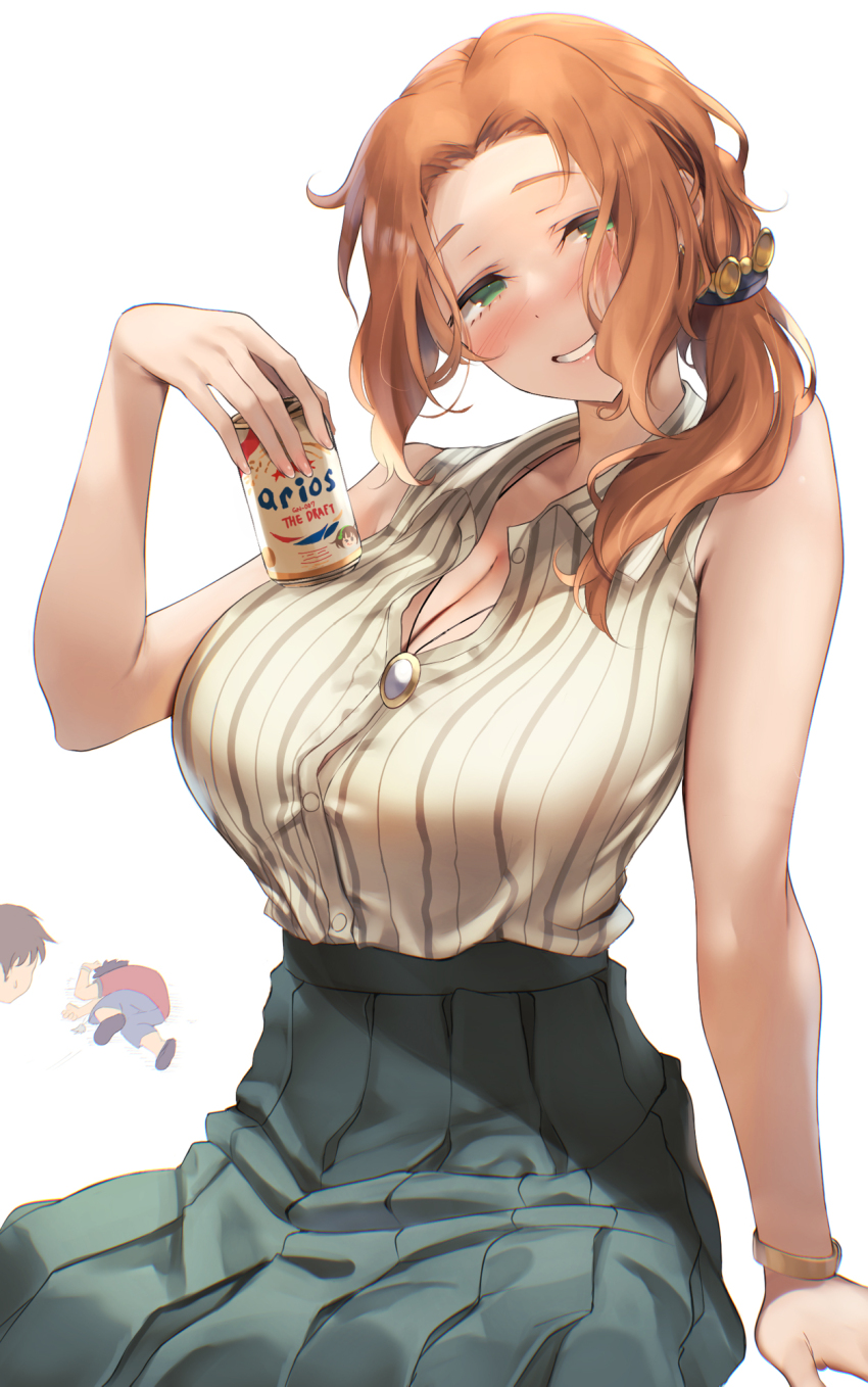 1girl 2boys blush bracelet breasts brown_hair can cleavage collarbone green_eyes hair_ornament higa_tsumugi highres holding holding_can jewelry large_breasts long_skirt meme multiple_boys necklace puru_(ex-150) shirt sitting skirt smile solo_focus the_witch_of_ihanashi yamcha_pose_(meme)