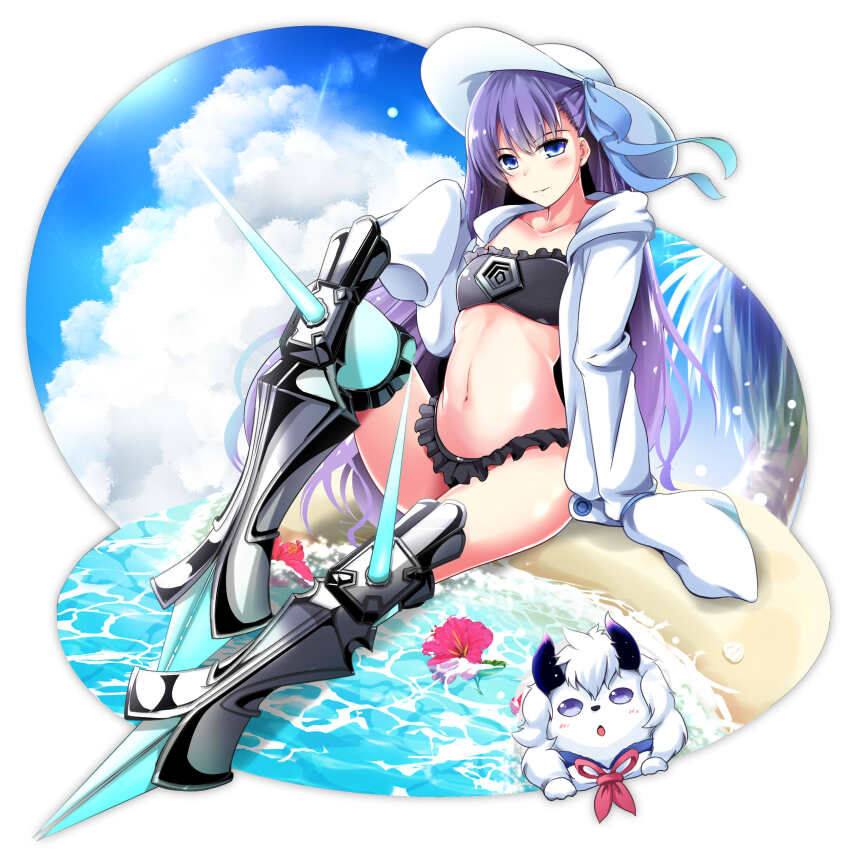 1girl absurdres beach bikini black_bikini blue_eyes blue_sky breasts cloud commentary_request fate/grand_order fate_(series) flower fou_(fate) frilled_bikini frills hat highres hood hoodie horns kiki_(koikuchikinako) meltryllis_(fate) navel palm_tree prosthesis prosthetic_leg purple_hair sitting sky sleeves_past_fingers sleeves_past_wrists small_breasts sun_hat swimsuit tree white_hat white_hoodie