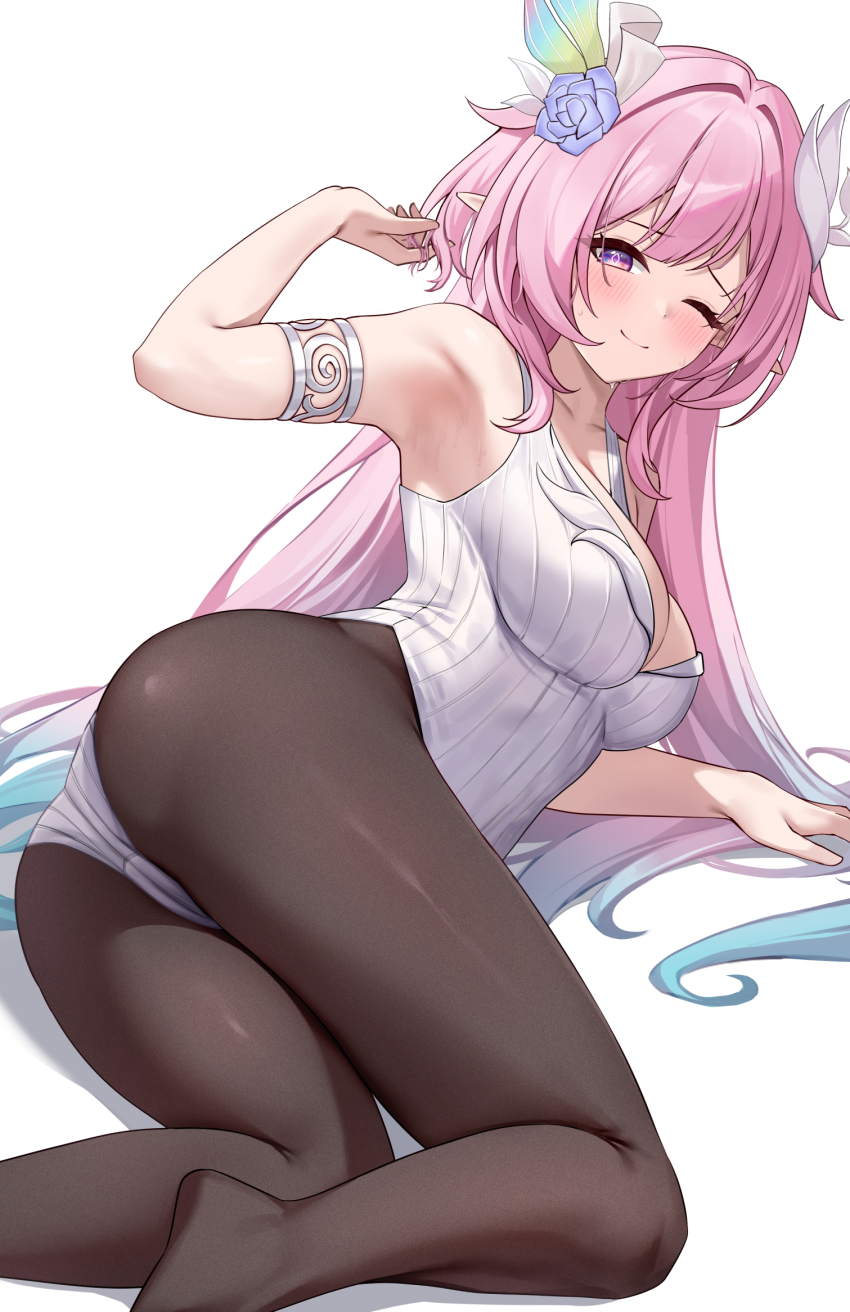 1girl alternate_costume arm_support armlet armpits ass bare_shoulders black_pantyhose blush breasts closed_mouth collarbone commentary cyrene_(honkai:_star_rail) cyrene_(ripples_of_past_reverie)_(honkai:_star_rail) diamond-shaped_pupils diamond_(shape) flower gradient_hair hair_flower hair_ornament hand_up highres honkai:_star_rail honkai_(series) jewelry large_breasts leotard long_hair looking_at_viewer lunacle lying multicolored_hair no_shoes on_side one_eye_closed paid_reward_available pantyhose pink_hair pointy_ears purple_eyes purple_flower purple_rose rose simple_background smile solo sweat sweatdrop symbol-only_commentary symbol-shaped_pupils very_long_hair white_background white_leotard