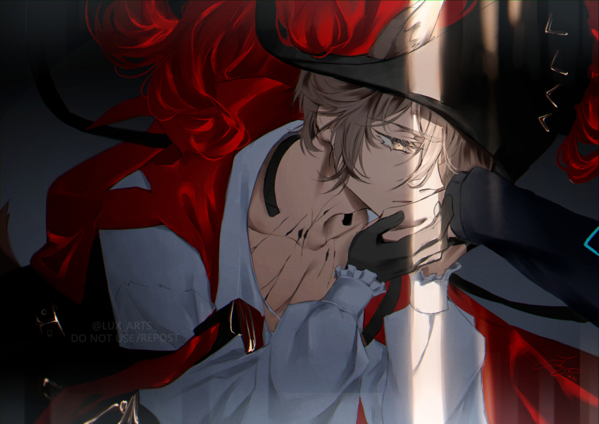 1boy 1other animal_ears arknights black_gloves black_headwear cat_ears commentary_request gloves grey_eyes grey_hair long_sleeves lux_arts male_focus material_growth official_alternate_costume oripathy_lesion_(arknights) phantom_(arknights) phantom_(focus)_(arknights) shirt short_hair solo_focus upper_body white_shirt