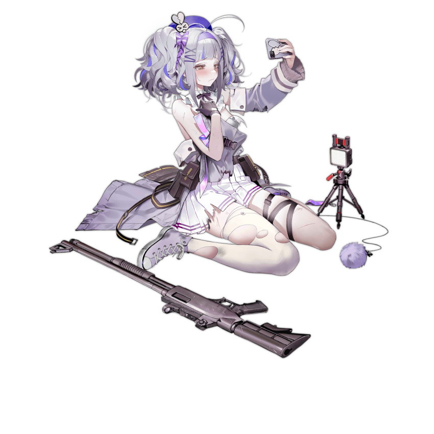 1girl ahoge artist_request asymmetrical_legwear belt_pouch black_gloves blue_hair blunt_bangs broken_heart_print buckle cape check_artist chest_strap collar detached_collar detached_sleeves fingernails fn_tps frilled_collar frills frown full_body girls&#039;_frontline gloves grey_hair gun hair_ornament hairband half-closed_eyes highres holding holding_phone light medium_hair multicolored_hair official_art outstretched_arm phone pleated_skirt pouch purple_hairband purple_headwear purple_shoes purple_socks s.joop scratches selfie shoes shotgun sidelocks simple_background single_detached_sleeve single_sock single_tear single_thighhigh sitting skirt snap-fit_buckle sneakers socks solo strapless thigh_strap thighhighs third-party_source torn_cape torn_clothes torn_skirt torn_sleeve torn_thighhighs torn_tube_top tps_(girls&#039;_frontline) transparent_background tripod tube_top twintails waist_cape wariza wavy_hair weapon weapon_on_floor white_skirt white_thighhighs white_tube_top x_hair_ornament yellow_eyes