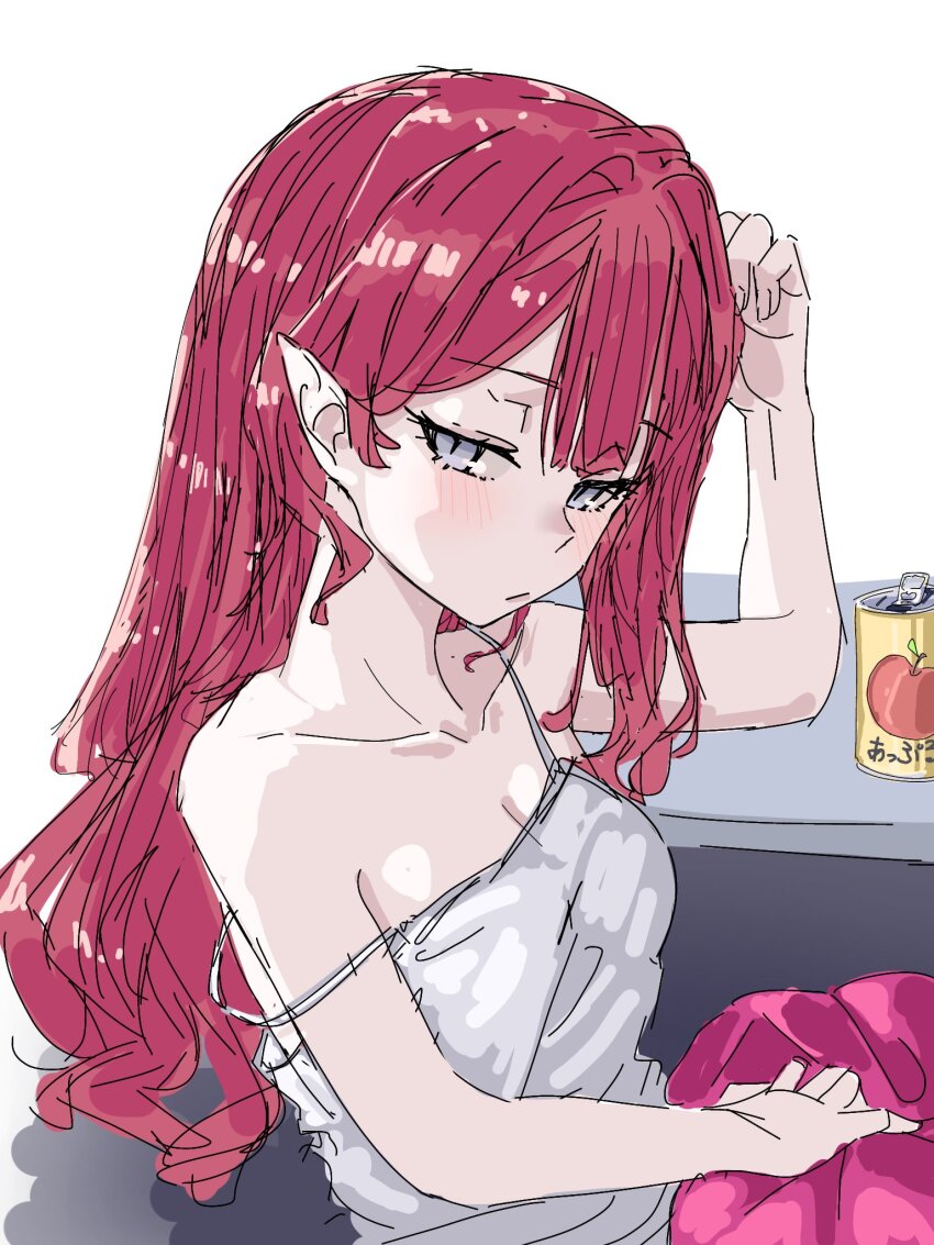1girl baobhan_sith_(fate) blush breasts camisole canned_soup cleavage fate/grand_order fate_(series) grey_eyes hand_up highres long_hair looking_at_viewer niwaikanai pink_hair pointy_ears simple_background solo white_background white_camisole