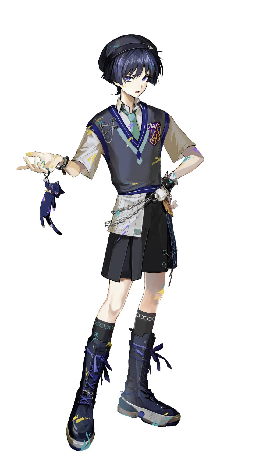1boy absurdres alternate_costume animalization aqua_necktie aqua_trim arm_at_side bead_bracelet beads beret black_bow black_hair black_hat black_shorts black_socks blue_trim blunt_ends boots bosonn_13 bow bracelet bright_pupils chain collared_shirt contemporary cross-laced_clothes cross-laced_shorts emblem eyeliner eyeshadow feathers fingernails full_body genshin_impact grey_sweater_vest hand_on_own_hip hand_up hat highres jewelry knee_boots kneehighs lace-up_boots layered_shorts light_frown looking_at_viewer makeup male_focus necktie o-ring official_alternate_costume open_hand open_mouth paint_splatter paint_splatter_on_face person_and_animalization pom_pom_(clothes) purple_eyes red_eyeliner red_eyeshadow scaramouche_(cat)_(genshin_impact) scaramouche_(genshin_impact) school_uniform shirt short_sleeves shorts socks solo standing stuffed_animal stuffed_toy sweater_vest tsurime twitter_username wanderer_(genshin_impact) wanderer_(mega_mgc_coffee)_(genshin_impact) white_background white_pupils white_shirt white_sleeves white_trim white_undershirt wrist_cuffs wristband yellow_feathers