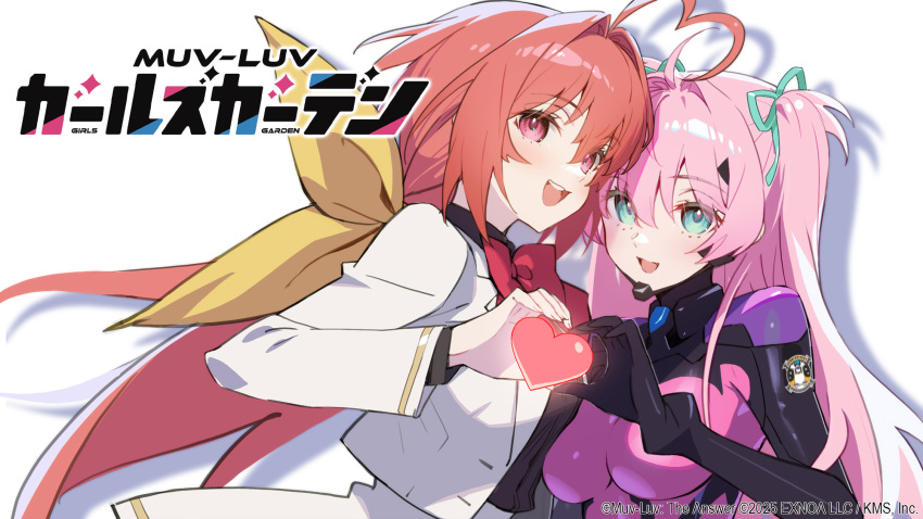 2girls ahoge bodysuit green_eyes hair_between_eyes hair_intakes hair_ribbon heart heart_ahoge heart_hands heart_hands_duo highres kagami_sumika long_hair long_sleeves looking_at_viewer momozono_meru multiple_girls muv-luv muv-luv_alternative muv-luv_girls_garden neck_ribbon official_art open_mouth pink_eyes pink_hair red_hair ribbon school_uniform siino smile twintails white_background
