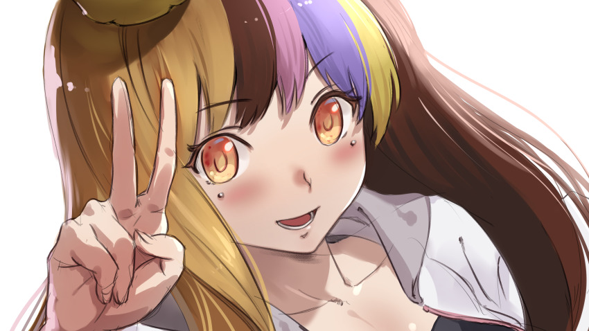 1girl absurdres bloom blush brown_eyes brown_hair collarbone commentary galaco galaco_(prize) highres jacket long_hair looking_at_viewer multicolored_hair open_mouth portrait sketch smile solo streaked_hair tarokazu v vocaloid white_background white_jacket