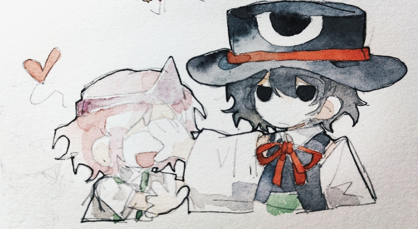 2others aaayamitsu absurdres androgynous black_eyes black_hair black_headwear chibi chinese_commentary closed_eyes closed_mouth collared_shirt commentary_request detached_sleeves enraku_tsubakura hat heart highres len&#039;en multiple_others neck_ribbon no_nose open_mouth other_focus pink_hair ribbon shion_(len&#039;en) shirt short_hair short_sleeves sketch sleeveless sleeveless_shirt smile triangular_headpiece white_shirt white_sleeves
