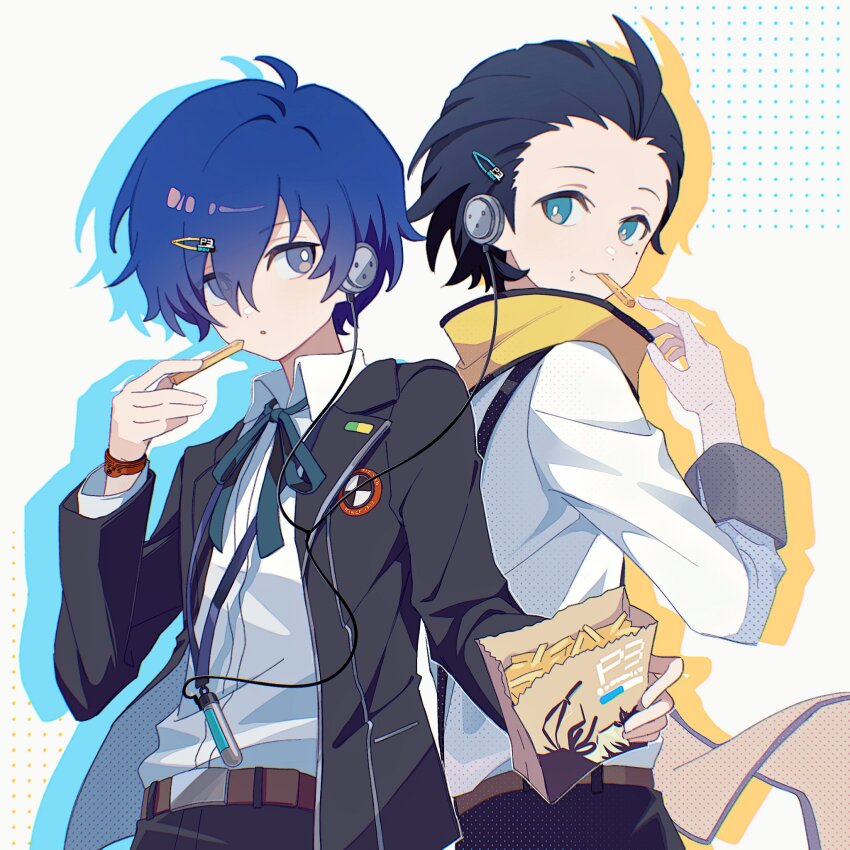2boys aqua_eyes arm_up back-to-back bag belt belt_buckle black_hair black_jacket black_pants black_trim blue_eyes blue_hair brown_belt buckle choco-reto_(xusagix) closed_mouth collared_shirt commentary cowboy_shot digital_media_player food food_in_mouth french_fries gekkoukan_high_school_uniform hair_between_eyes hair_ornament hair_slicked_back hairclip hashtag-only_commentary headphones highres holding holding_bag jacket layered_sleeves long_scarf long_sleeves looking_back male_focus mochizuki_ryouji mole mole_under_eye multiple_boys neck_ribbon open_clothes open_jacket pants persona persona_3 ribbon scarf school_emblem school_uniform shirt shirt_tucked_in short_hair short_sideburns sleeve_cuffs smile suit_jacket suspenders white_shirt wing_collar yellow_scarf yuuki_makoto_(persona_3)