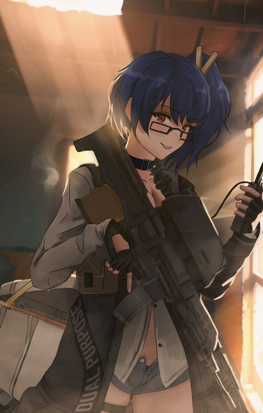 1girl absurdres airburst_grenade_launcher assault_rifle blue_hair blue_shorts bolt-action_grenade_launcher bolt_action breasts bullpup burst_fire_gun burst_fire_rifle buttons carbine cleavage commentary computerized_scope daewoo_k11 dgkamikaze english_commentary fingerless_gloves girls&#039;_frontline gloves grenade_launcher grey_jacket gun hair_between_eyes highres holding holding_walkie-talkie indoors jacket k11_(girls&#039;_frontline) long_hair long_sleeves looking_at_viewer multi-weapon open_clothes open_jacket precision-guided_firearm purple_eyes rifle second-party_source short_shorts shorts side_ponytail smile solo standing telescopic_sight underbarrel_assault_rifle underbarrel_rifle walkie-talkie weapon