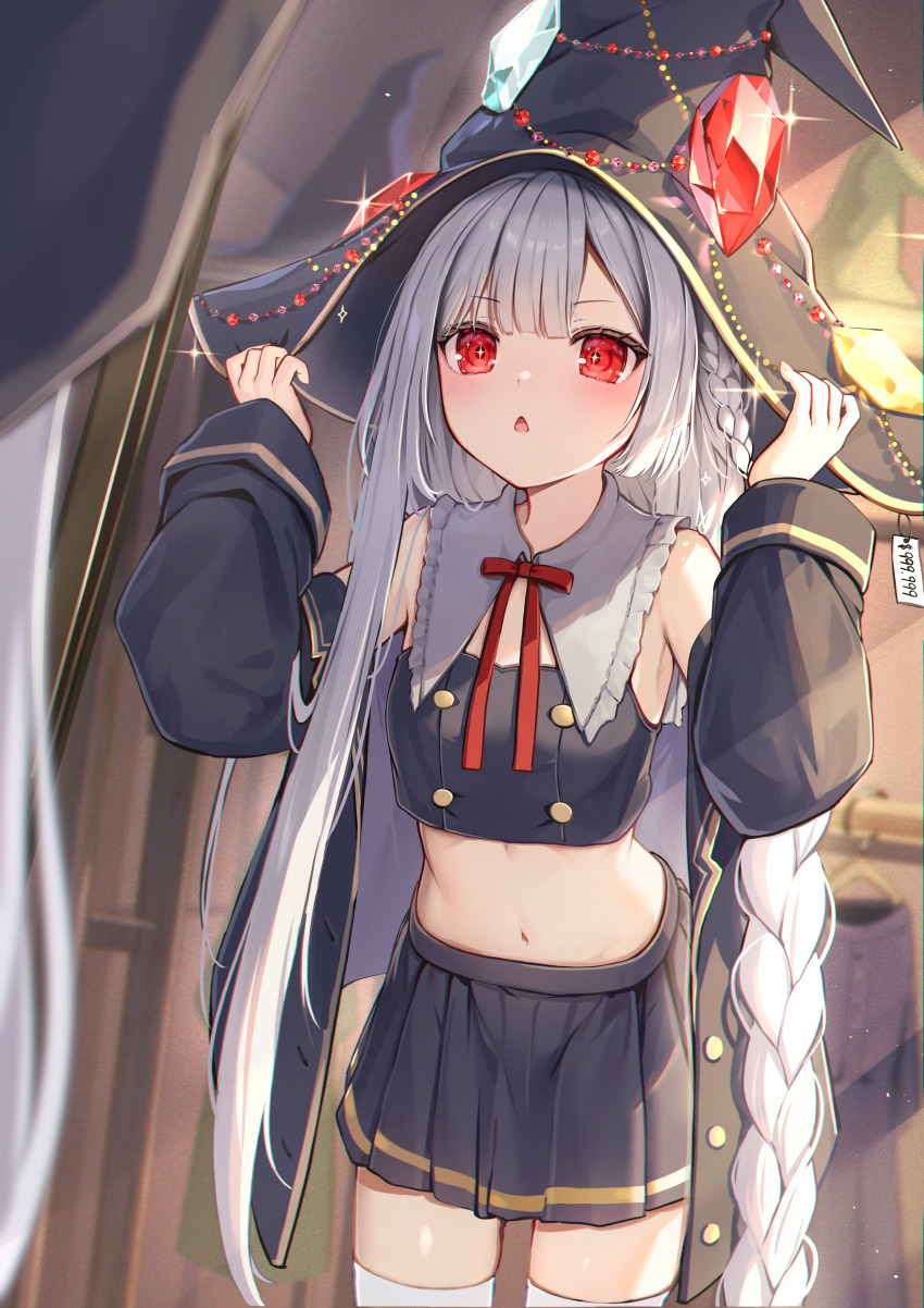 1girl absurdres black_coat black_hat black_skirt black_sleeves blush braid breasts buttons center-flap_bangs coat commentary_request crop_top full-length_mirror fuyoyo glint gold_trim hands_up hat hat_ornament hat_tug highres indoors jewelry long_hair looking_ahead looking_at_mirror low-braided_long_hair low-tied_long_hair mirror navel off_shoulder open_clothes open_coat open_mouth original pleated_skirt price_tag puritan_collar red_eyes red_ribbon reflection revision ribbon shop single_braid skirt small_breasts solo sparkling_eyes standing stomach thighhighs triangle_mouth very_long_hair white_hair white_thighhighs witch_hat