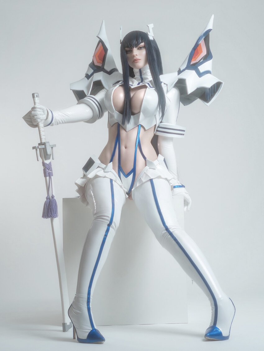 1girl bakuzan black_hair boots breasts cosplay cosplay_photo full_body highres junketsu kamisamalisa kamui_(kill_la_kill) kill_la_kill kiryuuin_satsuki kiryuuin_satsuki_(cosplay) large_breasts living_clothes long_hair looking_at_viewer photo_(medium) revealing_clothes simple_background sitting solo suspenders sword thick_eyebrows thigh_boots weapon