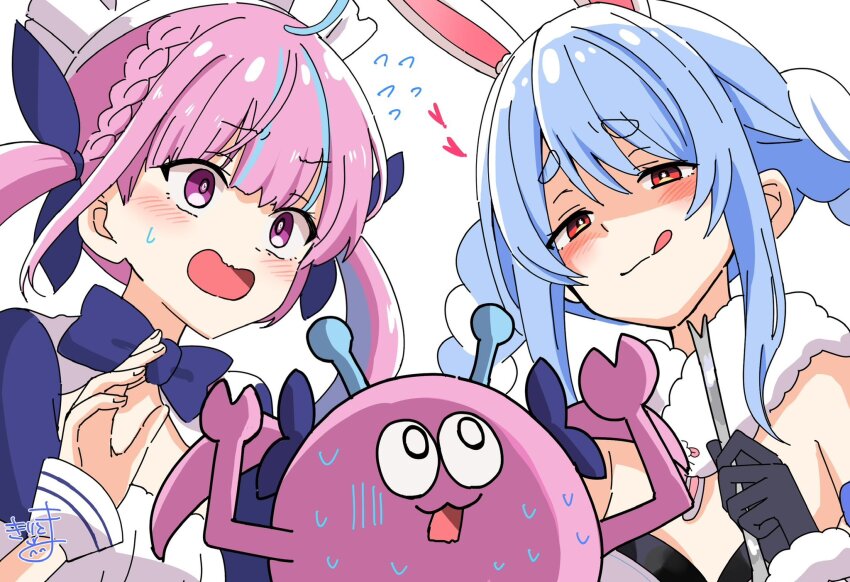 2girls :q animal_ear_fluff animal_ears black_gloves black_leotard blue_dress blue_hair blush braid breasts closed_mouth commentary_request don-chan_(usada_pekora) dress flying_sweatdrops fur-trimmed_gloves fur_trim gloves hand_up highres hololive kiritoma leotard long_hair maid_headdress minato_aqua minato_aqua_(1st_costume) multicolored_hair multiple_girls open_mouth pink_hair puffy_short_sleeves puffy_sleeves purple_eyes rabbit-shaped_pupils rabbit_ears red_eyes short_eyebrows short_sleeves simple_background small_breasts small_sweatdrop smile strapless strapless_leotard streaked_hair sweat symbol-shaped_pupils thick_eyebrows tongue tongue_out twin_braids twintails two-tone_hair upper_body usada_pekora usada_pekora_(1st_costume) virtual_youtuber white_background white_hair wrist_cuffs