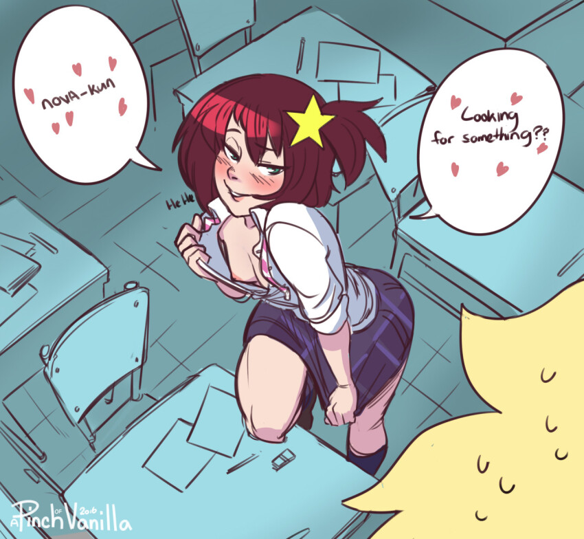 a_pinch_of_vanilla alpha_omega_nova ass blonde_hair blush breasts classroom green_eyes heart huge_ass luluco medium_breasts nipples red_hair removing_shirt thick_thighs thighs uchuu_patrol_luluco