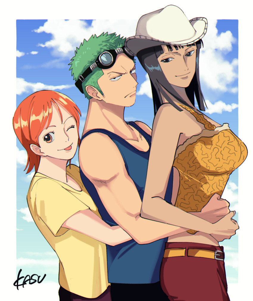 1boy 2girls artist_name belt black_hair blue_shirt blue_sky brown_eyes cloud goggles green_hair hat highres hug kasuga_akira looking_at_viewer medium_hair multiple_girls nami_(one_piece) nami_(one_piece)_(skypiea) nico_robin nico_robin_(skypiea) one_eye_closed one_piece orange_hair pants red_pants roronoa_zoro shirt short_hair signature sky sleeveless sleeveless_shirt toned toned_male tongue tongue_out yellow_shirt