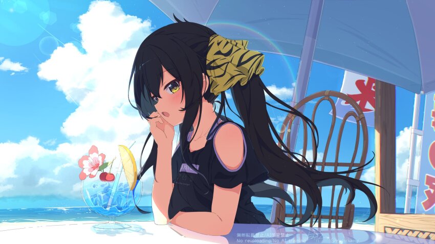 1girl animal_print beach beach_umbrella black_hair black_shirt blush chair cherry clothing_cutout collarbone commentary_request drink flower_in_drink food fruit hair_ribbon highres idolmaster idolmaster_cinderella_girls lemon lemon_slice lens_flare leopard_print long_hair matoba_risa open_mouth outdoors print_ribbon ribbon sagen shirt shoulder_cutout signature sitting solo twintails twitter_username umbrella upper_body watermark yellow_eyes