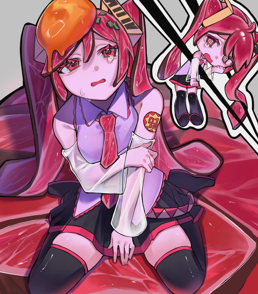 1girl @_@ black_skirt black_thighhighs boots chibi chibi_inset chopsticks collared_shirt crying crying_with_eyes_open egg_yolk food food-themed_clothes food-themed_hair grey_shirt hair_ornament hatsune_miku highres long_hair meat meat_hair necktie niku_miku_(nankai) nikuta parsley pleated_skirt raw_meat red_eyes red_hair red_necktie red_trim see-through_clothes see-through_sleeves shirt sitting skirt solo steak sticker_on_shoulder tears thighhighs twintails very_long_hair vocaloid wariza zettai_ryouiki