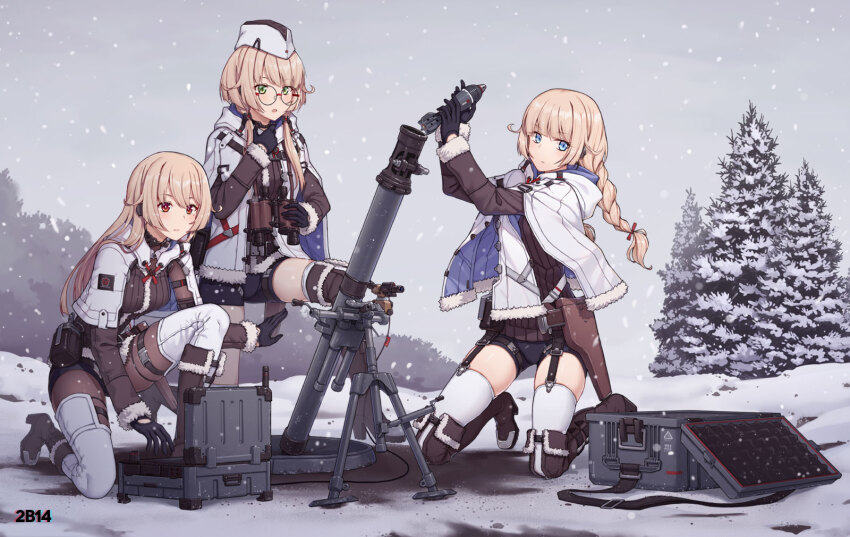 2b14_(girls&#039;_frontline) 2b14_podnos 3girls ammunition binoculars black_gloves black_shorts blonde_hair blue_capelet blue_eyes bodysuit boots braid brown_bodysuit brown_boots brown_jacket brown_sleeves brown_sweater buckle capelet character_name closed_mouth detached_sleeves emblem full_body fur-trimmed_boots fur-trimmed_capelet fur_trim garrison_cap garter_straps girls&#039;_frontline glasses gloves green_eyes gun hair_over_shoulder handgun hat high_heel_boots high_heels highres holding holding_binoculars holster holstered hood hooded_capelet jacket knee_boots long_hair long_sleeves low_twintails mortar_(weapon) mortar_shell multiple_girls official_art open_mouth outdoors pine_tree red_eyes reloading ribbed_sweater round_eyewear shorts single_braid skindentation snap-fit_buckle snow snowing suitcase sweater terminal terras thigh_boots thigh_strap thighhighs thighhighs_under_boots tree twin_braids twintails two-sided_capelet weapon weapon_case white_capelet white_headwear white_thighhighs winter_clothes