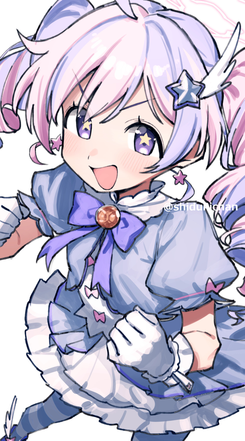 1girl :d ahoge blue_archive blue_skirt blue_thighhighs blush bow bowtie clenched_hands commentary_request earrings gloves hair_ornament halo highres jewelry looking_at_viewer magical_girl multicolored_hair official_alternate_costume open_mouth pantyhose pink_hair puffy_short_sleeves puffy_sleeves purple_bow purple_bowtie purple_eyes purple_hair reisa_(blue_archive) reisa_(magical)_(blue_archive) shigatsu_shizuki short_sleeves simple_background skirt smile solo standing star-shaped_pupils star_(symbol) star_earrings star_hair_ornament striped_clothes striped_pantyhose symbol-shaped_pupils thighhighs twitter_username two-tone_hair white_background white_gloves white_halo