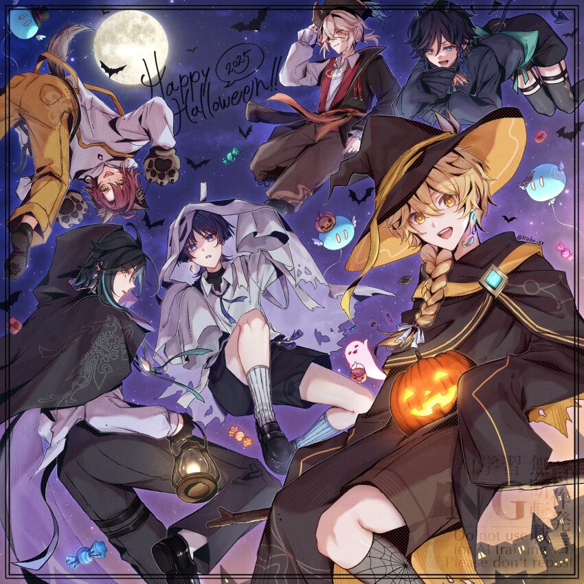 animal_ears aqua_hair black_hair black_hood black_jacket black_pants black_shorts black_thighhighs blonde_hair blue_hair braid brown_hat brown_pants cape full_moon genshin_impact halloween halloween_costume happy_halloween hat highres holding_lamp jack-o&#039;-lantern jacket kaedehara_kazuha long_sleeves moon multicolored_hair night night_sky open_mouth pants pirate pirate_hat purple_eyes red_hair rinbo_7140 scaramouche_(genshin_impact) shikanoin_heizou shirt short_hair shorts sky slime_(genshin_impact) streaked_hair tail thigh_strap thighhighs twin_braids venti_(genshin_impact) wanderer_(genshin_impact) white_cape white_shirt witch_hat wolf_boy wolf_ears wolf_tail xiao_(genshin_impact) yellow_pants