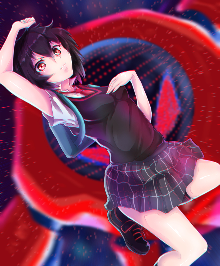 1girl :3 arm_up backpack bag black_background black_hair black_shoes black_skirt black_sweater_vest blurry blurry_background breasts brown_eyes closed_mouth commentary curled_fingers depth_of_field dress_shirt feet_out_of_frame feet_up green_bag hair_between_eyes hand_on_own_chest highres jumping light_blush light_smile looking_at_viewer marvel mecha necktie peni_parker plaid_clothes plaid_skirt red_necktie robot ruilui school_uniform shirt shoes short-haired_girl_(osomatsu-san) short_sleeves skirt small_breasts solo sp//dr spider-man:_into_the_spider-verse spider-man_(series) spider-verse sweater_vest v-shaped_eyebrows v-shaped_eyes white_shirt