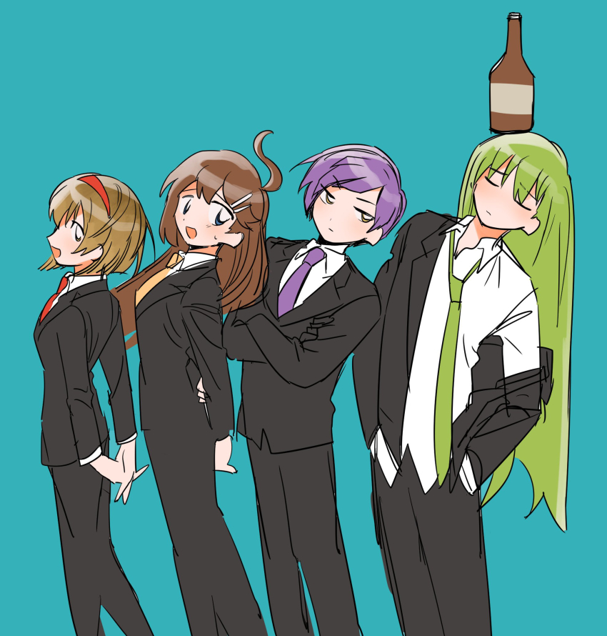 2boys 2girls ahoge alcohol aqua_background arms_behind_back black_gloves black_jacket black_pants black_suit blue_eyes blush bottle_on_head brown_hair closed_eyes collared_shirt crossed_arms dress_shirt formal_clothes gloves green_hair green_necktie hair_ornament hairband hairclip hands_in_pockets highres hod_(project_moon) jacket lapels lineup lobotomy_corporation long_hair malkuth_(project_moon) mogura_panda multiple_boys multiple_girls necktie netzach_(project_moon) pants project_moon purple_hair purple_necktie red_necktie shirt single_off_shoulder suit suit_jacket yellow_necktie yesod_(project_moon)