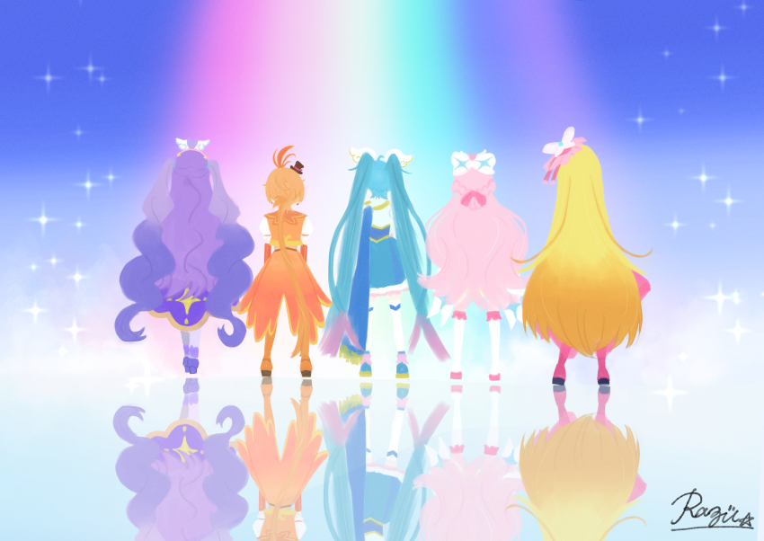 1boy 4girls absurdres ahoge ankle_boots artist_name black_hat blonde_hair blue_cape blue_dress blue_hair blue_shoes boots bow braid butterfly_hat_ornament cape coattails crown_braid cure_butterfly cure_majesty cure_prism cure_sky cure_wing dress elbow_gloves ellee-chan facing_away fringe_trim from_behind gloves gradient_hair hair_bow hair_ornament hair_ribbon hat hat_ornament highres hijiri_ageha hirogaru_sky!_precure jacket knee_boots long_dress long_hair low_ponytail magical_boy magical_girl medium_dress mini_hat mini_top_hat mob_cap multicolored_hair multiple_girls nijigaoka_mashiro orange_boots orange_gloves orange_hair orange_jacket pink_boots pink_hair pink_hat pink_ribbon ponytail precure puffy_short_sleeves puffy_sleeves purple_dress purple_hair purple_shoes rainbow razu_kichi reflection ribbon shoes short_sleeves signature sora_harewataru sparkle standing star_(symbol) thighhighs tilted_headwear top_hat twintails two-tone_dress two_side_up very_long_hair white_boots white_bow white_dress white_thighhighs wing_hair_ornament yuunagi_tsubasa