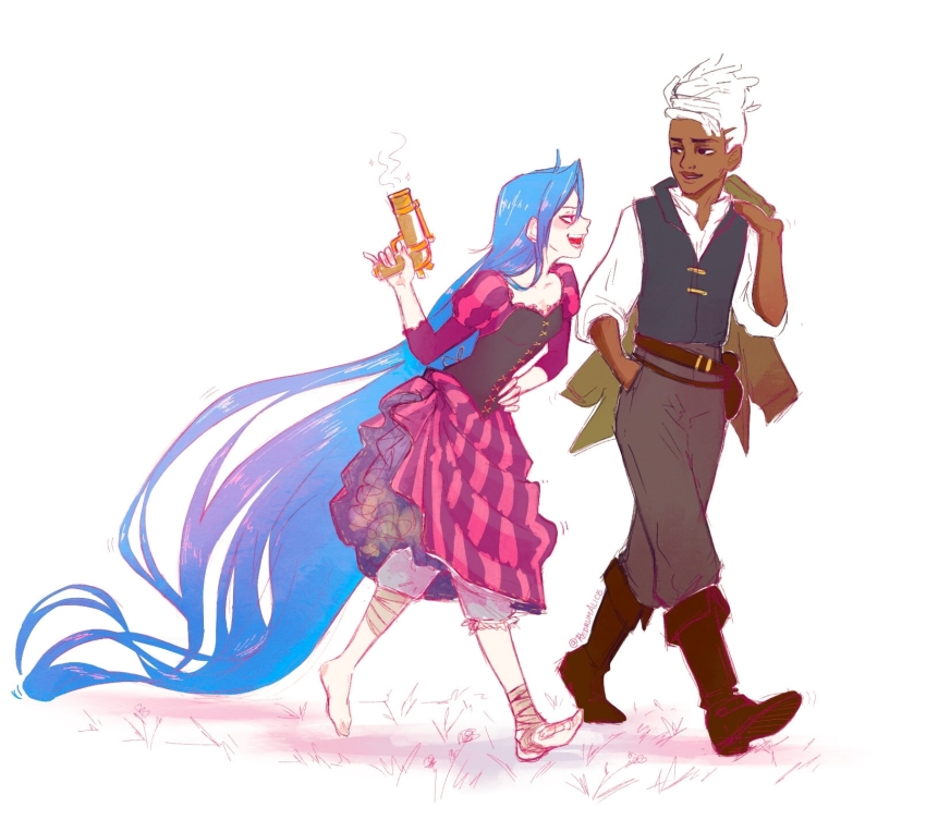 1boy 1girl absurdly_long_hair alice_(redrumalice) alternate_costume alternate_universe arcane:_league_of_legends arcane_jinx bandaged_foot bandaged_leg bandages belt belt_pouch black_boots black_bustier black_eyes black_vest bloomers blue_hair boots brown_pants coat collarbone commentary cross-laced_clothes dark-skinned_male dark_skin dreadlocks dress ekko_(league_of_legends) english_commentary eye_contact firelight_ekko flynn_rider full_body gun hand_in_pocket hand_on_own_hip hand_up handgun highres holding holding_coat holding_gun holding_unworn_clothes holding_weapon jinx_(league_of_legends) juliet_sleeves league_of_legends long_hair long_sleeves looking_at_another open_mouth pants petticoat pouch profile puffy_sleeves purple_dress rapunzel_(disney) shirt simple_background smile striped_clothes striped_dress tangled twitter_username underwear unworn_coat very_long_hair vest walking weapon white_background white_hair white_shirt
