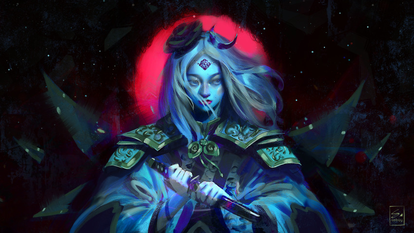 1girl artist_name commentary crescent english_commentary floating_hair flower full_moon hair_flower hair_ornament highres holding holding_weapon long_hair moon multiple_moles original red_moon sebijy solo weapon