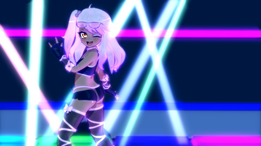 1girl 3d ;d absurdres ass bare_shoulders black_gloves bow chloe_von_einzbern crop_top dark-skinned_female dark_skin eyeliner fate/kaleid_liner_prisma_illya fate_(series) female_focus fingerless_gloves flat_chest glasses gloves green_eyes gs-mantis hair_bobbles hair_ornament heart highres lipstick long_hair makeup midriff nail_polish one_eye_closed open_mouth shorts smile solo standing thank_you wink