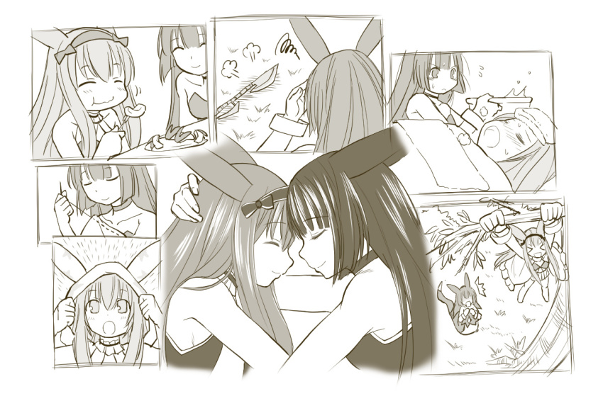 2girls ^_^ animal_ears animal_hood bad_id bad_pixiv_id choker closed_eyes collage comic copyright_request eating closed_eyes food forehead-to-forehead fork greyscale hairband heads_together hood kasuga_yukihito lamia long_hair monochrome monster_girl multiple_girls rabbit_ears sewing sick silent_comic smile towel towel_on_head yuri