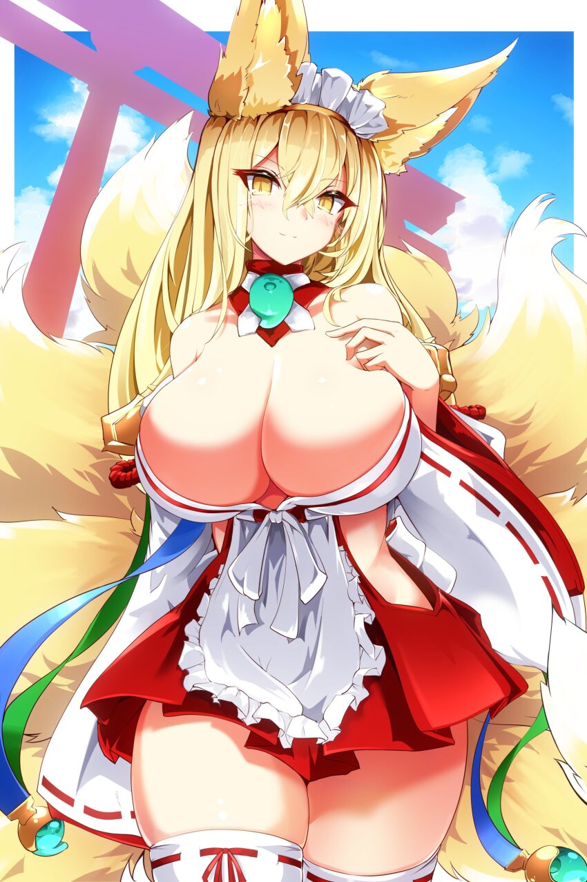 1girl :o absurdres animal_ear_fluff animal_ears apron areola_slip blonde_hair blush breasts cleavage cloud cloudy_sky covered_erect_nipples cowboy_shot detached_collar detached_sleeves fox_ears fox_girl fox_tail hand_on_own_chest highres hirume_of_heavenly_incense huge_breasts japanese_clothes kitsune last_origin leqz5945 long_hair looking_at_viewer magatama maid maid_apron maid_headdress multiple_tails outdoors skindentation sky slit_pupils smile solo tail thighhighs thighs torii unconventional_maid yellow_eyes