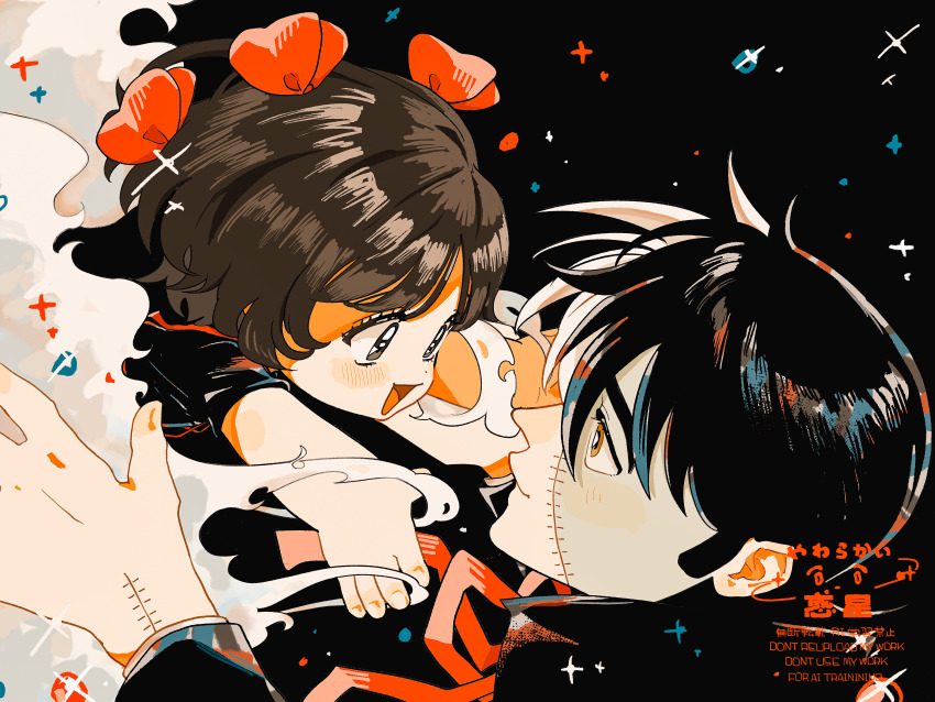 1boy 1girl :d absurdres black_background black_coat black_hair black_jack_(character) black_jack_(series) blush bow brown_eyes brown_hair closed_mouth coat commentary hair_bow highres kager_en long_sleeves looking_at_viewer multicolored_hair multiple_hair_bows neck_ribbon open_mouth patchwork_skin pinoko red_bow red_ribbon ribbon scar scar_on_hand short_hair short_sleeves simple_background smile smoke sparkle split-color_hair stitched_face stitches white_hair