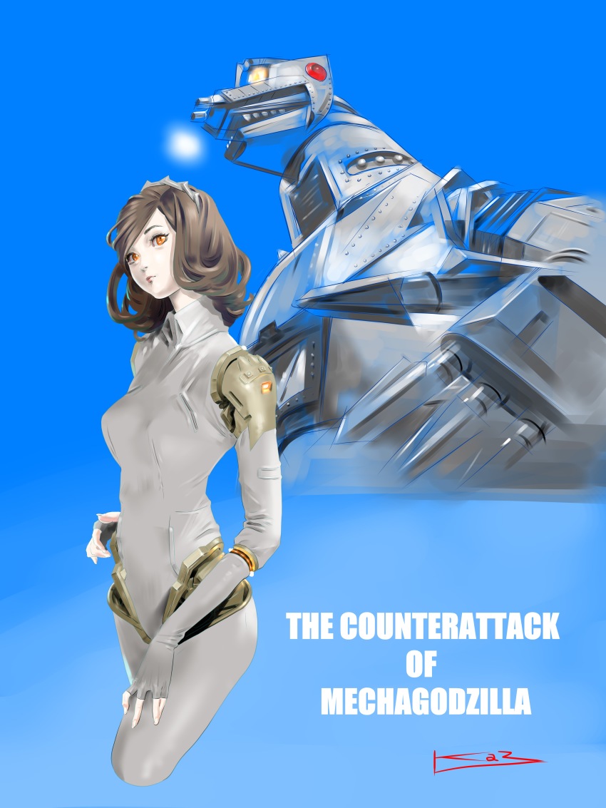 1girl absurdres alien breasts cyborg giant giant_monster giant_robot godzilla_(series) highres ikeda_kazuhiro joints kaiju mafune_katsura mecha mechagodzilla mechagodzilla_2 military monster monster_girl pale_skin robot robot_girl robot_joints terror_of_mechagodzilla toho yellow_eyes