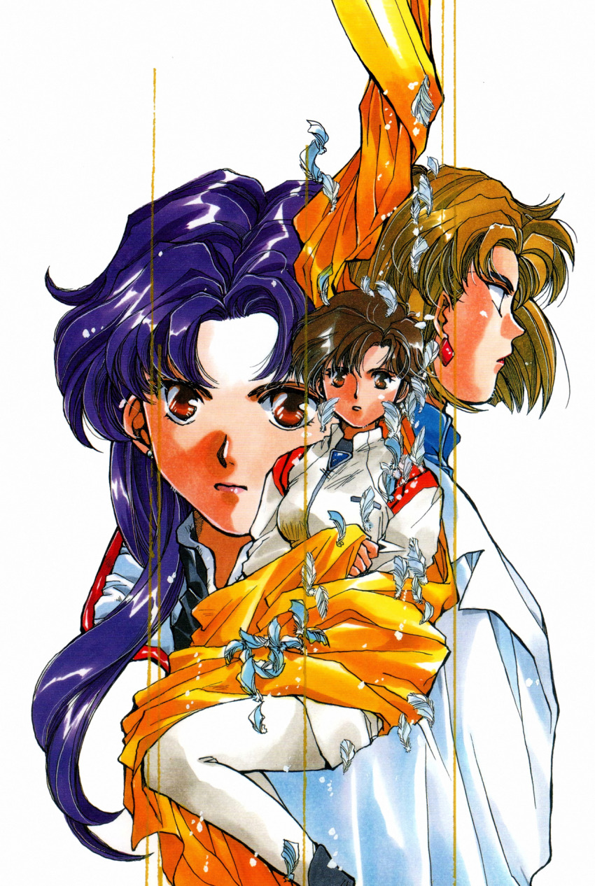 1990s_(style) 3girls akagi_ritsuko blonde_hair brown_hair character_request commentary earrings english_commentary highres jewelry katsuragi_misato lab_coat multiple_girls muttri_moony neon_genesis_evangelion nerv official_art promotional_art retro_artstyle scan traditional_media uniform white_background