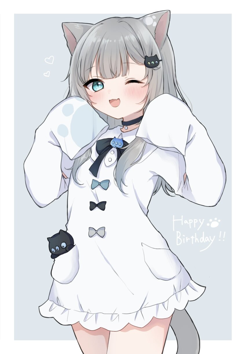 1girl ;d animal_ears aqua_eyes cat_ears cat_girl cat_tail creature dress fang grey_hair happy_birthday highres in_pocket indie_virtual_youtuber long_hair long_sleeves looking_at_viewer nachoneko one_eye_closed open_mouth paw_pose short_dress skin_fang sleeves_past_fingers sleeves_past_wrists smile tail tama_3355 virtual_youtuber white_dress